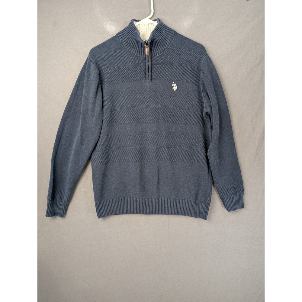 US Polo Assn Mens Quarter Zip Sweater Blue Textured Pullover UF3S5348 Medium